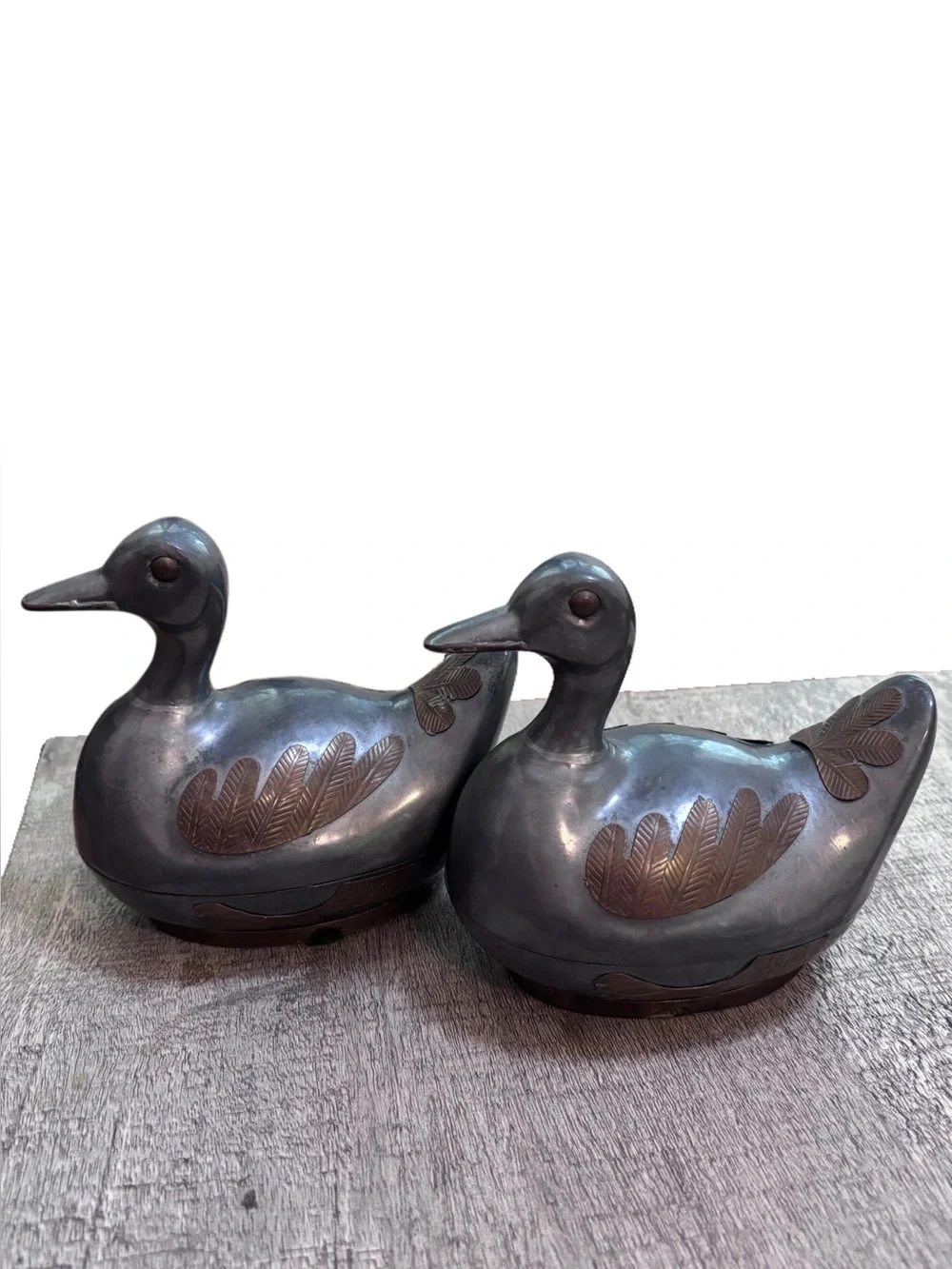 Two Vintage 5” Pewter w/ Brass Ducks w/Lids Trinket Box Heavy - Mid Century
